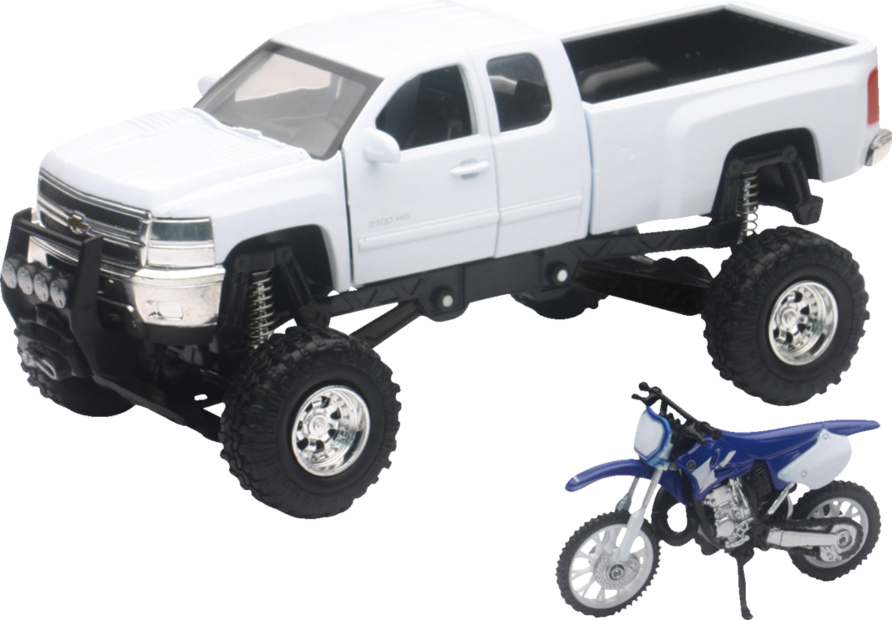 NEW RAY TOYS Chevrolet Silverado Offroad Pick Up w/ Yamaha Dirt Bike - 1:32 Scale - White/Black/Blue SS-54416