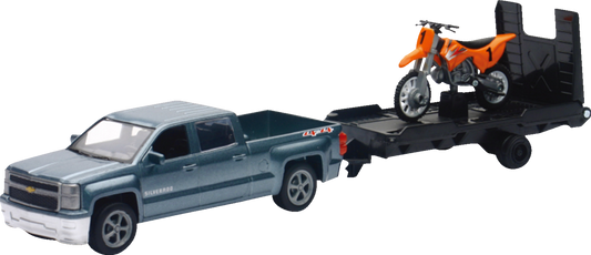 New Ray Toys Chevrolet Silverado Pick Up w/ Dirt Bike - 1:43 Scale - Gray/Orange 19535A