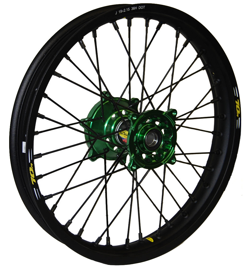 Wheel Rear 2.15x19 Green Hub Blk Rim/Blk Spoke/Blk Nipple