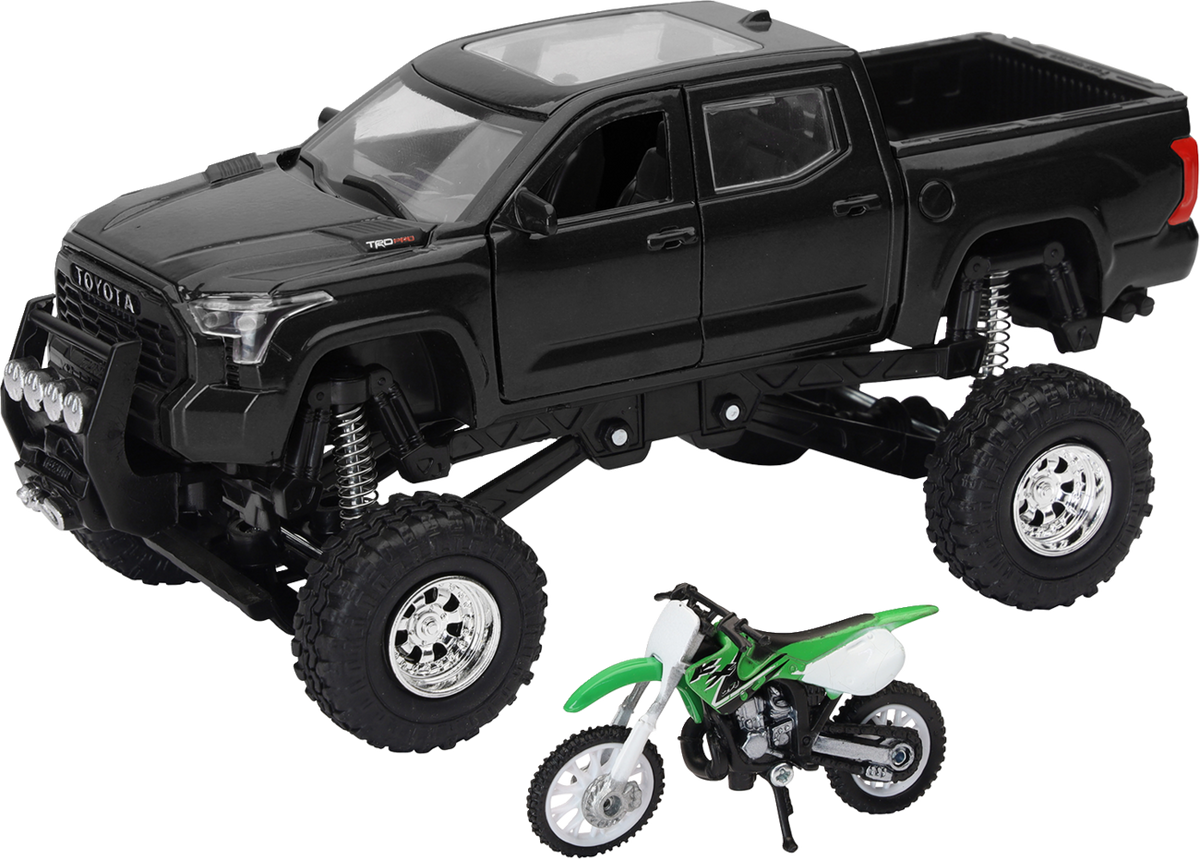NEW RAY TOYS Toyota Tundra Off Road Pick Up w/ Kawasaki Dirt Bike - 1:32 Scale - Black/Green SS-54446