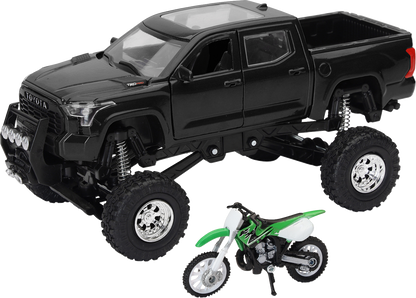 NEW RAY TOYS Toyota Tundra Off Road Pick Up w/ Kawasaki Dirt Bike - 1:32 Scale - Black/Green SS-54446