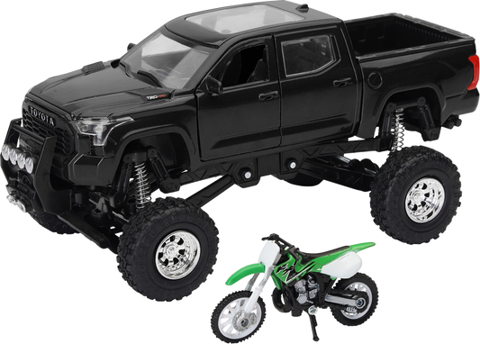 NEW RAY TOYS Toyota Tundra Off Road Pick Up w/ Kawasaki Dirt Bike - 1:32 Scale - Black/Green SS-54446