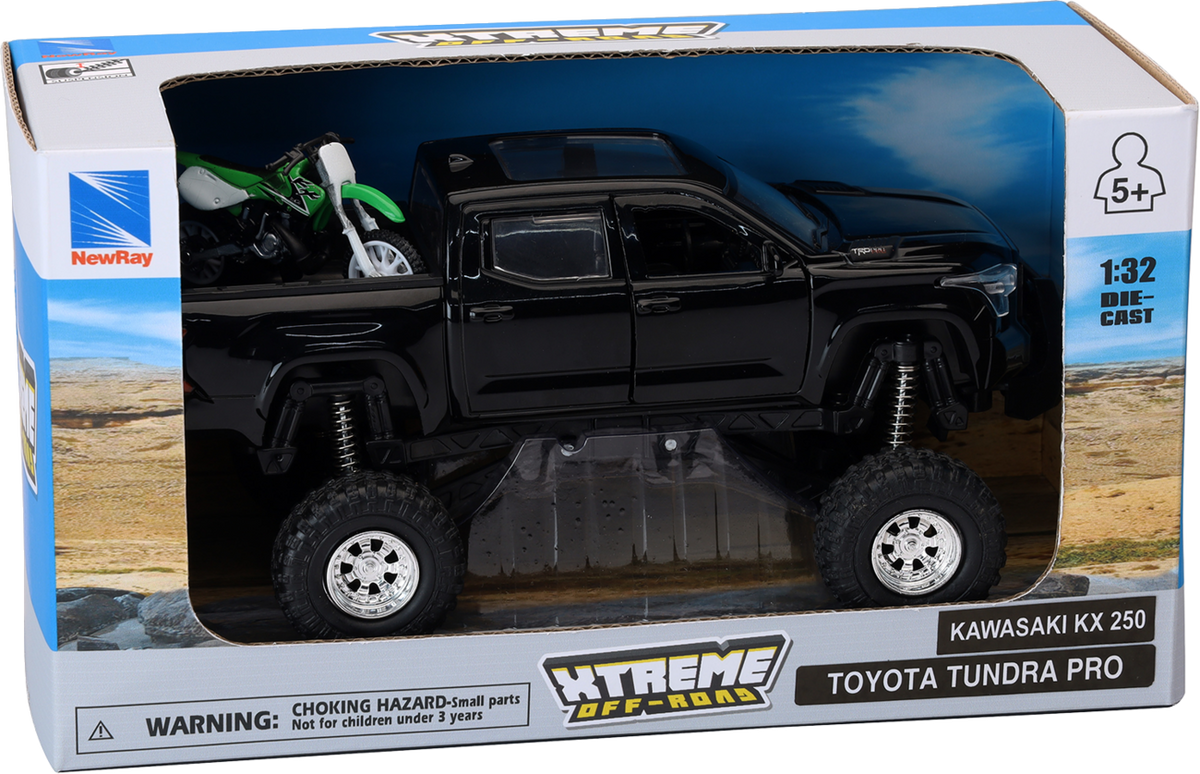 NEW RAY TOYS Toyota Tundra Off Road Pick Up w/ Kawasaki Dirt Bike - 1:32 Scale - Black/Green SS-54446