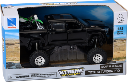 NEW RAY TOYS Toyota Tundra Off Road Pick Up w/ Kawasaki Dirt Bike - 1:32 Scale - Black/Green SS-54446