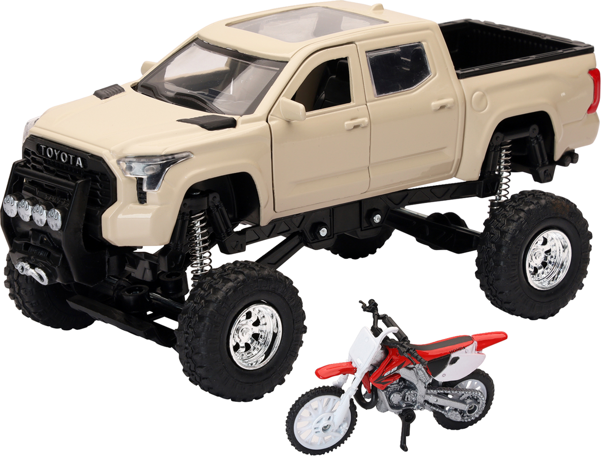 NEW RAY TOYS Toyota Tundra Off Road Pick Up w/ Honda Dirt Bike - 1:32 Scale - Tan/Red SS-54456
