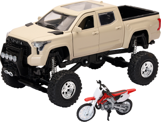 NEW RAY TOYS Toyota Tundra Off Road Pick Up w/ Honda Dirt Bike - 1:32 Scale - Tan/Red SS-54456