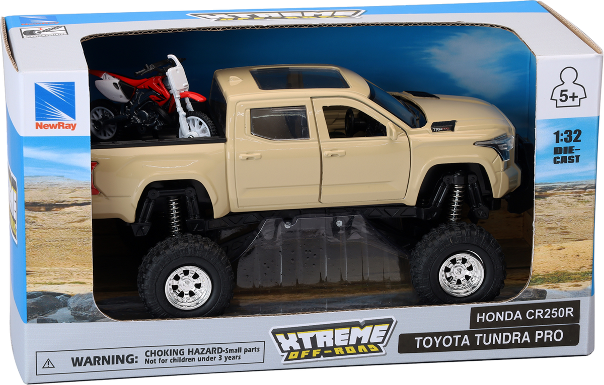 NEW RAY TOYS Toyota Tundra Off Road Pick Up w/ Honda Dirt Bike - 1:32 Scale - Tan/Red SS-54456