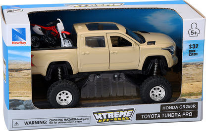 NEW RAY TOYS Toyota Tundra Off Road Pick Up w/ Honda Dirt Bike - 1:32 Scale - Tan/Red SS-54456