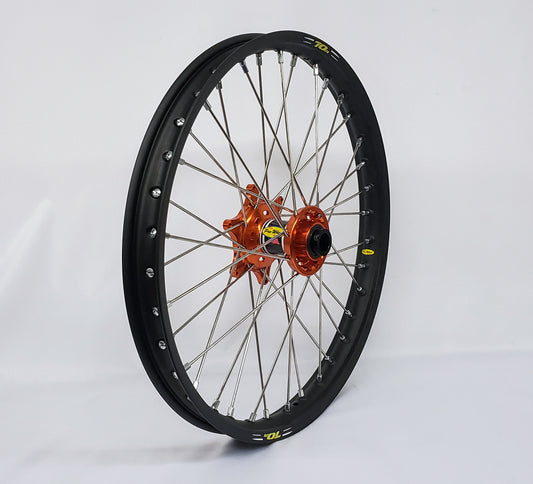 Wheel Front 1.60x21 Orange Hub Blk Rim/Sil Spoke/Sil Nipple